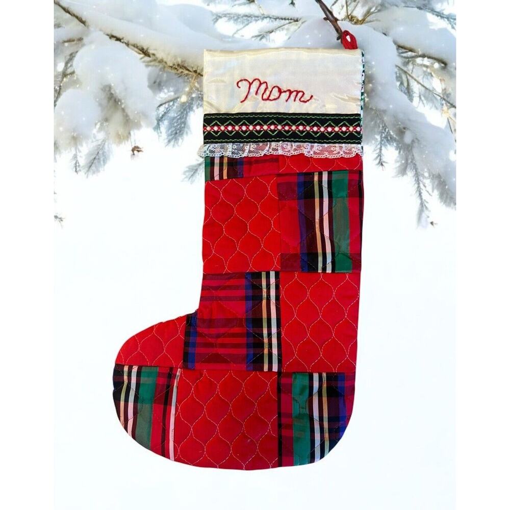 VTG Handmade MOM Christmas Stocking Holiday Fabric Patchwork Quilted - Picture 1 of 6